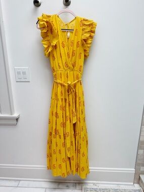 Sunny Yellow Floral Ruffle Maxi Dress with Tie Waist